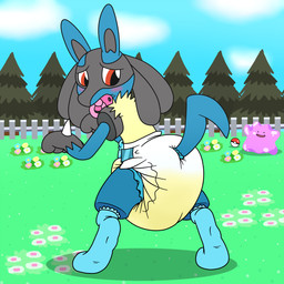 ageplay ambiguous_gender anthro big_diaper blush bodily_fluids clothed clothing detailed_background diaper duo embarrassed footwear genital_fluids infantilism legwear object_in_mouth outside pacifier pacifier_in_mouth roleplay socks solo_focus unclean_diaper urine used_diaper wearing_diaper wet_diaper wetting tenerius nintendo pokemon canid canine generation_4_pokemon lucario mammal pokemon_(species) 1:1 hi_res