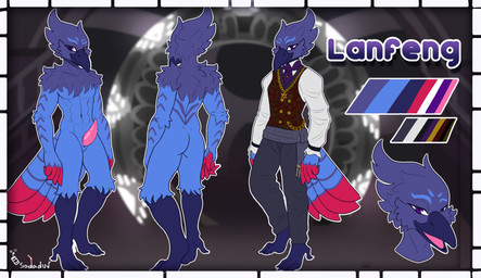 abs anthro beak clothing genitals male muscular nude penis solo sodaduv black_ops stargate lanfeng_(lanfenghuang) avian bird corvid jay_(bird) new_world_jay oscine passerine steller's_jay absurd_res hi_res model_sheet
