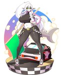 anthro big_breasts bottomwear breasts clothed clothing coat cropped_jacket ear_piercing female flag flag_(object) footwear hair hair_between_eyes holding_flag holding_object jacket long_hair midriff non-mammal_breasts open_clothing open_coat open_jacket open_topwear pants piercing ponytail pupils race_car race_queen shark_tail shoes simple_background slit_pupils solo standing topwear white_hair yellow_eyes theycallhimcake fish marine shark absurd_res hi_res