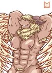 abs anthro armpit_hair blonde_hair body_hair genitals hair horn kemono male muscular muscular_male nipples penis simple_background smile solo red_panda_mirr lifewonders tokyo_afterschool_summoners azazel_(tas) bovid caprine goat mammal digital_media_(artwork) hi_res