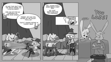 annoyed anthro bandage buckteeth clothing crossed_arms dialogue elemental_manipulation eyewear female freckles furniture glasses hat headgear headwear hoodie legwear looking_away magic_user male rock shoulder_bag shoulderless_topwear sofa speech_bubble staff stockings teeth text topwear wind wizard_hat agidyne alice_(hitsuji) pepper_(hitsuji) rose_(agidyne) stephen_(agidyne) alpaca camelid lagomorph mammal 16:9 4k absurd_res comic english_text greyscale hi_res monochrome widescreen