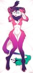 anthro blue_eyes breasts chest_tuft claws dakimakura female fur hair horn long_ears pink_body pink_claws pink_fur pink_nose short_hair solo stripes tail tuft kaurimoon dakimakura_design hi_res