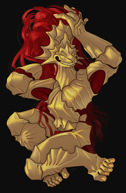 armor caricature feet gold_skin golden_body hair humanoid_feet kneeling knight long_hair male mane metallic_body plantigrade plumage raised_arms showing_armpit silly_face simple_background small_eyes smile solo warrior ravuer dark_souls fromsoftware dragonslayer_ornstein felid feline humanoid mammal absurd_res hi_res