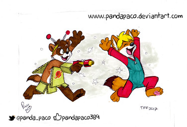 anthro black_nose blonde_hair brown_body brown_fur chasing clothed clothing duo eyes_closed fur glistening glistening_nose gloves_(marking) green_eyes hair head_tuft holding_object holding_toy holding_toy_gun inner_ear_fluff logo male markings open_mouth open_smile orange_body orange_fur playful running short_hair smile text toy toy_gun tuft white_body white_fur white_inner_ear_fluff young young_anthro young_male pandapaco canid canine fox mammal species_request 2017 artist_logo dated signature url