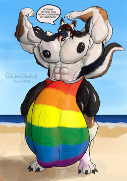 all_fours anthro balls beach big_balls big_muscles big_nipples big_penis black_nipples bodily_fluids clothing fist flaccid genitals huge_balls huge_muscles huge_penis humanoid_genitalia humanoid_penis hyper hyper_balls hyper_genitalia hyper_penis lgbt_pride male muscular nipples penis pride_color_clothing pride_color_flag pride_color_underwear pride_colors simple_background solo sweat tongue underwear liamjackal canid canine canis domestic_dog mammal hi_res