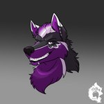 1:1 absurd_res anthro canid canine canis domestic_dog fur gradient_background grinning_at_viewer headshot_portrait hi_res hybrid looking_at_viewer male male_anthro mammal mohawk piercing portrait purple_body purple_fur simple_background solo thekinkybear wolf