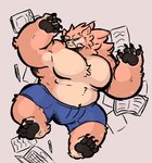 anthro barazoku barefoot big_pecs bottomwear claws clothing feet flustered huge_pecs looking_at_viewer lying male pants pawpads paws pecs slightly_chubby solo torn_bottomwear torn_clothing torn_pants blkmnstrr felid kaiju lion mammal monster pantherine hi_res