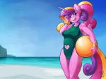 2015 4:3 anthro anthrofied ball beach blue_sky breasts clothed clothing cloud day digital_media_(artwork) equid equine feathered_wings feathers female fluffy fluffy_hair fluffy_tail friendship_is_magic hair hasbro hi_res horn light long_hair long_tail mammal medium_breasts multicolored_hair multicolored_tail my_little_pony mythological_creature mythological_equine mythology one-piece_swimsuit outside pink_body pink_feathers princess_cadance_(mlp) seaside shadow sky smile solo standing sunlight swimwear tail water winged_unicorn wings zwitterkitsune