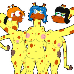 anthro big_breasts blue_tongue breast_squish breasts dots ear_piercing ear_ring female genitals group hair jewelry nipples nude piercing ring_piercing squish tongue tongue_out trio vulva yellow_body lewdware doobus_goobus_(copyright) beatrice_(doobus_goobus) brenda_(doobus_goobus) sophie_(doobus_goobus) giraffe giraffid mammal 1:1 2026 absurd_res hi_res