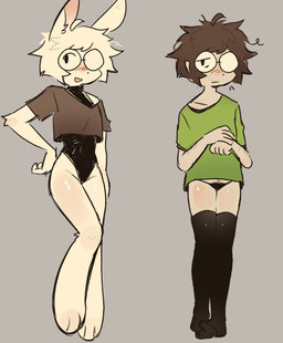 ambiguous_gender anthro blush bodysuit clothing duo eyewear glasses green_clothing green_shirt green_topwear leggings legwear panties pubes shirt simple_background skinsuit tight_clothing topwear underwear wearing_glasses deppetto human lagomorph leporid mammal rabbit absurd_res hi_res