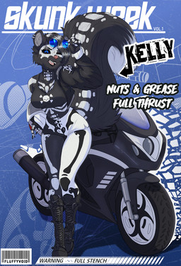 anthro biohazard_symbol blue_eyes bone boots bottomwear clothing digitigrade ear_piercing ear_ring eyebrow_piercing eyewear facial_piercing female footwear fur fur_markings glasses hair hazard_symbol jacket legwear looking_at_viewer markings motorcycle piercing ring_piercing shoes shorts skeleton solo symbol tail tattoo text topwear vehicle white_body white_fur fluffy_void kelly_(fluffy_void) mammal mephitid skunk cover english_text hi_res magazine_cover