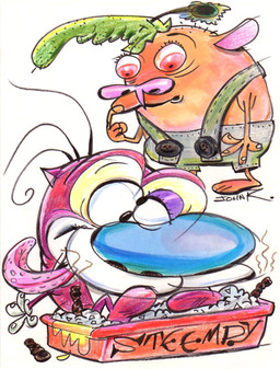4_fingers anthro big_nose blue_nose bottomwear button_(fastener) clothed clothing dirty duo featureless_feet feces feet fingers green_bottomwear green_clothing green_hat green_headwear hair hat headgear headwear looking_at_another male nude pink_nose purple_eyelids red_eyes silly_face simple_background sitting smile standing tan_body tan_skin text tongue tongue_out toony white_background john_k nickelodeon ren_and_stimpy stimpy_j._cat sven_hoek canid canine canis chihuahua domestic_cat domestic_dog felid feline felis mammal toy_dog 2019 artist_name hi_res marker_(artwork) traditional_media_(artwork)