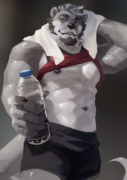 abs anthro beard biceps black_bottomwear black_clothing black_nipples black_shorts bottle bottomwear clothed clothing clothing_lift container deltoids exercise facial_hair goatee grey_background hand_on_head looking_at_viewer male muscular muscular_arms navel nipples offering_to_viewer pecs raised_clothing raised_shirt raised_tank_top raised_topwear shirt shirt_lift shorts simple_background solo tank_top topwear towel towel_around_neck triceps water_bottle whiskers yellow_eyes itymnro mammal mustelid otter 2023 hi_res