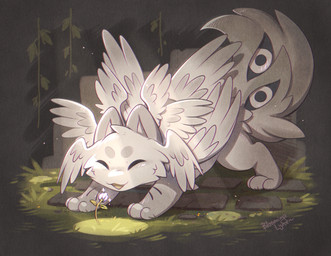 ambiguous_feral ambiguous_gender cheek_tuft eyes_closed facial_tuft feathered_wings feathers feral flower fur grass grey_body grey_ears grey_feathers grey_fur grey_tail grey_wings happy open_mouth open_smile plant smile solo tail tail_eye tuft white_flower wings bloominglynx mammal species_request signature