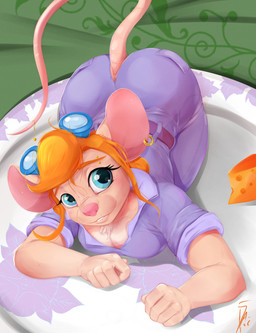 anthro ass_up breasts cheese cleavage clothed clothing dairy_products ear_piercing ear_ring eyebrow_piercing eyelashes eyewear eyewear_on_head facial_piercing female fingers food fur goggles goggles_on_head hair looking_at_viewer piercing plate ring_piercing smile solo tail teeth dark-ahroun-friesian chip_'n_dale_rescue_rangers disney gadget_hackwrench mammal mouse murid murine rodent digital_media_(artwork) hi_res
