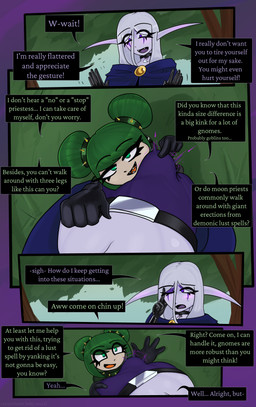 choker clothing collar dialogue erection erection_under_clothing facial_markings female gynomorph head_markings intersex jewelry latex latex_clothing markings necklace not_furry power_bottom spiked_collar spikes text creambeam blizzard_entertainment warcraft moymoy_fizztwist riinea_moongazer elf gnome_(warcraft) humanoid night_elf absurd_res comic english_text hi_res