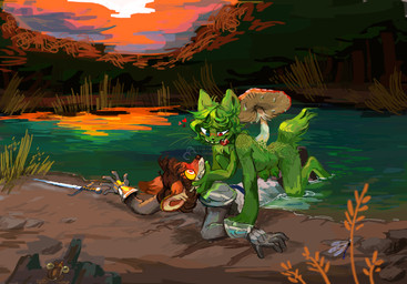 4_arms all_fours angry anthro armor blue_eyes blush breasts brown_body brown_fur brown_hair clothing detailed_background duo erect_nipples female flustered frown fungus fur gauntlets gloves grass green_body green_fur hair hand_on_face handwear heterochromia lake lying male male/female melee_weapon multi_arm multi_breast multi_limb mushroom nipples on_back orange_body orange_fur plant red_eyes scowl sky sunset surprised swamp sword tongue tongue_out tree water weapon yellow_sclera worm_(artist) mathis_(worm) canid canine domestic_cat elemental_creature felid feline felis flora_fauna fox fungi_fauna hybrid mammal hi_res male_(lore)