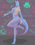 anthro blue_body breasts butt clothed clothing condom female fully_shaded graffiti nipples pose sexual_barrier_device simple_background smile solo tail text thick_tail thick_thighs weapon alicethedeer dinosaur prehistoric_species reptile scalie absurd_res digital_media_(artwork) hi_res pinup