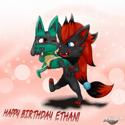 ambiguous_gender anthro black_body black_fur blue_body blue_eyes blue_fur carrying_another chibi claws duo fangs fur hair hand_on_cheek happy long_hair male one_eye_closed open_mouth pink_background red_eyes red_hair simple_background teeth text walking dennhaze nintendo pokemon generation_4_pokemon generation_5_pokemon lucario pokemon_(species) zoroark 1:1 absurd_res english_text hi_res signature