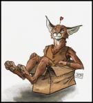 0laffson 2018 4_toes anthro barefoot biped black_border blue_eyes border box brown_body brown_fur caracal caracal_(genus) clothed clothing container digitigrade feet felid feline fur grey_nose heart_symbol hindpaw mammal pawpads paws shadi_(0laffson) simple_background smile solo toes traditional_media_(artwork) white_background