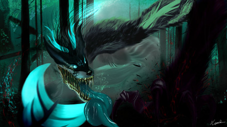 aggressive antlers blood blue_fins blue_tongue bodily_fluids breasts claws drooling eldritch female feral fur gore horn lumaris macro plant saliva solo teeth tongue tree itsmapledoe aquatic canid canine fish fox mammal spirit 16:9 4k absurd_res hi_res widescreen