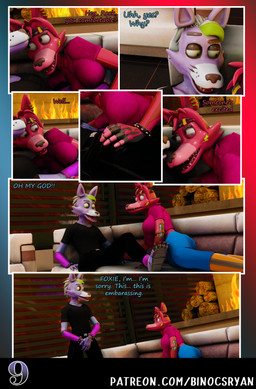 accessory anthro blue_clothing blush clothed clothing covering covering_crotch covering_erection covering_penis crossgender dialogue duo ear_piercing erection erection_under_clothing female fingers fire fireplace ftm_crossgender gradient_background green_hair hair hand_on_crotch headband laugh machine male male/female mtf_crossgender open_mouth piercing shocked simple_background surprised text binocszoomx10 disembowell_(modeler) red-eye_(modeler) five_nights_at_freddy's five_nights_at_freddy's:_security_breach scottgames steel_wool_studios fan_character fanmade_glamrock_foxy_(fnaf) glamrock_foxy_(fnaf) roxanne_wolf animatronic canid canine fox mammal robot 3d_(artwork) comic digital_media_(artwork) english_text hi_res url