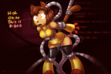 anthro blurred_background bodily_fluids bottomwear bottomwear_down brainwashing brown_hair clothed clothed_sex clothing corruption dialogue drooling ear_penetration female genital_fluids glowing glowing_eyes hair metallic_tentacles mind_control motion_lines pants pants_down partially_clothed penetration raised_bottomwear raised_clothing raised_skirt reprogramming restrained restrained_by_tentacles saliva sex skirt solo sweat tail tail_pull tech_control tentacle_penetration tentacles vaginal vaginal_fluids vaginal_penetration yoga_pants bluecoffeedog gameoverse glitch_productions kit_bodega domestic_cat felid feline felis mammal 3:2