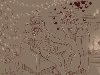 5_fingers anthro armchair balls belly blouse blush blush_lines body_hair bottomwear bow_ribbon candle candlelight caracal_ears carpet chair chest_hair chest_tuft christmas_decorations christmas_lights christmas_sock christmas_tree claws clothed clothed_female clothing denim denim_bottomwear denim_clothing duo emotional erection evergreen_tree eyebrows eyelashes fangs female female_anthro female_focus fingers fire fireplace fluffy fluffy_balls fluffy_paws fluffy_tail fur furniture garland genital_focus genitals gift gift_wrapped hair happy heart_eyes heart_symbol holidays inside jeans light lights living_room long_hair long_tail looking_at_another looking_at_viewer male male/female male_anthro male_focus navel nude_male open_mouth pants paw_claws paws penis penis_focus pine_tree plant ribbons screaming shadow short_hair simple_background sitting sitting_on_armchair speech_bubble standing tail tailless teeth thick_eyebrows tongue topwear torn_ear tree tuft aleksikashvets christmas aleksika_(aleksikashvets) rowan_(raveger) caracal caracal_(genus) domestic_cat felid feline felis mammal hi_res