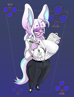 anthro big_breasts biped black_clothing blue_eyes bottomwear breasts clipboard clothed clothing eyelashes eyewear female glasses holding_clipboard holding_object nipple_outline pupils purple_body solo topwear white_clothing lysergide mammal hi_res