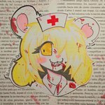 anthro blonde_hair blood blood_in_mouth blood_on_face bodily_fluids clothing fangs fangs_bared female fur glistening glistening_eyes grin hair happy hat headgear headwear nosebleed nurse nurse_clothing nurse_hat nurse_headwear nurse_uniform nursery pink_nose smile solo teeth uniform white_body white_fur yellow_eyes wafflesita_(artist) terrible_mouse lorna_(terrible_mouse) mammal mouse murid murine rat rodent 1:1 absurd_res hi_res painting_(artwork) traditional_media_(artwork) traditional_painting_(artwork) watermark