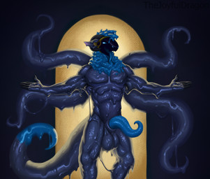 animal_genitalia anthro back_tentacles balls genitals goo_body machine male muscular penis sheath solo tentacles thejoyfuldragon radio_(flufferderg) protogen hi_res