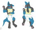 ambiguous_gender anthro blush clean_diaper clothed clothing diaper embarrassed grumpy looking_at_viewer lying pattern_diaper pawpads paws simple_background solo spikes wearing_diaper wetness_indicator poofy_dragon nintendo pokemon canid canine generation_4_pokemon lucario mammal pokemon_(species)