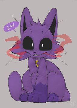 black_sclera grey_background looking_at_viewer male purple_body red_smoke sharp_teeth simple_background sitting smoke solo teeth text presto_(artist) mob_entertainment poppy_playtime smiling_critters catnap_(poppy_playtime) domestic_cat felid feline felis mammal english_text