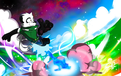 4_fingers anthro black_body black_ears black_fur black_nose blue_bottomwear blue_clothing blue_pants bottomwear brown_eyes clothing cloud explosion fingers flying fur galaxy glowing green_clothing green_shirt green_topwear male multicolored_body multicolored_fur pants pawpads pink_smoke plantigrade ragged_clothing red_pawpads shirt sky smile smoke solo space star sun superflat surrealism topwear two_tone_body two_tone_fur white_body white_fur y2k_(graphic_design) yellow_eyes super-tuler tairu bear giant_panda mammal 2009 colorful_theme cool_colors
