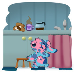 4_fingers ambiguous_gender antennae_(anatomy) anthro back_markings bag bean beverage biped blue_body blue_eyes blue_fur blue_markings calico_pattern claws coffee coffee_bean coffee_mug container counter cup curtains dragging ear_markings ears_down finger_claws fingers fur furniture head_markings head_tuft heart_(marking) heart_symbol humor inside kitchen markings mug multicolored_antennae occipital_markings pink_body pink_fur pivoted_ears purple_claws purple_finger_claws purple_nose sink small_tail solo stool tail tuft walking angoraram disney lilo_and_stitch calico_(angoraram) fan_character alien experiment_(lilo_and_stitch) 1:1 2026 digital_drawing_(artwork) digital_media_(artwork) english_description signature nonbinary_(lore)