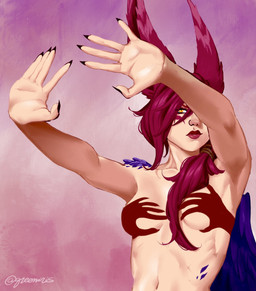 athletic athletic_female breasts feathers female hair lipstick makeup muscular red_hair small_breasts solo greeniris league_of_legends riot_games shadow_hands_challenge tencent xayah_(lol) animal_humanoid avian avian_humanoid bird_humanoid humanoid vastaya hi_res