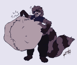 abdominal_bulge anthro belly big_tail bodily_fluids body_hair breath button_(fastener) clothed clothing fluffy hand_on_belly hand_on_hip happy_trail male muffled_speech navel open_mouth panting soft_vore solo sound_effects straining_buttons sweat sweatdrop tail teeth text vore chocopaws2 rye_(darkcresentskymin) rye_(faucetrye) mammal procyonid raccoon 2023 digital_media_(artwork) english_text