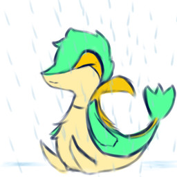 ambiguous_gender anthro eyes_closed fluffy fur fur_markings green_body markings one_eye_obstructed raining simple_background solo tan_body white_background snoiifoxxo nintendo pokemon generation_5_pokemon pokemon_(species) reptile scalie snivy 1:1 hi_res