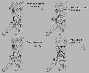 anthro blush bra breasts cleavage clothed clothing confusion dialogue emanata female flashing flashing_breasts loose_shirt open_mouth pulling_shirt_up seductive sitting smile solo text underwear shatterstone bra_strap_showing_(meme) nutmeg_(turbineclaw) felid feline mammal comic meme sketch