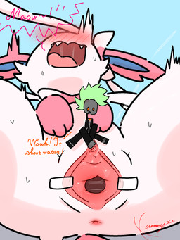 anus blue_background blue_inner_ear blush bodily_fluids bow_ribbon clitoral clitoral_rubbing clothed clothing duo ejaculation female feral floating_head fully_clothed fur genital_fluids genitals gloves_(marking) green_hair grey_body hair humanoid_genitalia humanoid_genitalia_on_feral humanoid_vulva humanoid_vulva_on_feral larger_feral looking_down looking_up male markings mohawk open_mouth orange_eyes pink_ears pink_tail saliva screaming shocked simple_background size_difference spread_legs spread_vulva spreading sweat tail talking_to_self tape teeth text vaginal_fluids vaginal_squirting vulva vulva_spreading_tape white_body white_fur conditional_dnp xammyxx nintendo pokemon djinn_(xammyxx) eeveelution generation_6_pokemon pokemon_(species) robloxian sylveon 2026 3:4 digital_media_(artwork) english_description english_text hi_res ibispaint_(artwork) shaded signature watermark