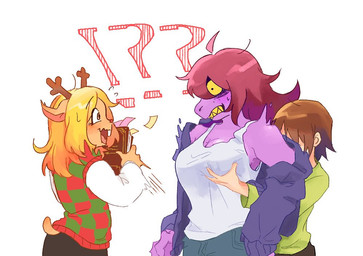 ambiguous_gender ambiguous_human anthro breast_grab breasts clothing female freckled_face freckles group hand_on_breast interrobang purple_body purple_skin shirt simple_background surprised tank_top topwear white_background gato_bimi deltarune undertale_(series) kris_dreemurr noelle_holiday susie_(deltarune) deer human mammal new_world_deer reindeer reptile scalie 2018