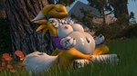 3_fingers 3_toes anthro armwear belly big_belly big_breasts big_butt boulder breasts butt chest_fur chest_tuft clothing crossed_legs elbow_gloves eyes_closed feet female fingers flower fluffy fluffy_tail fur gloves grass handwear huge_belly markings meditation multicolored_body multicolored_fur navel nipples outside plant pregnant pregnant_anthro pregnant_female purple_markings rock shrub sitting sitting_on_ground solo sunset tail thick_thighs toes tree tuft white_body white_fur yellow_body yellow_fur thevestige warfaremachine_(modeler) bandai_namco digimon warfare_renamon digimon_(species) renamon 16:9 3d_(artwork) digital_media_(artwork) hi_res source_filmmaker_(artwork) widescreen