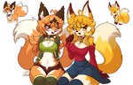 2_tails ahoge anthro bedroom_eyes bell bell_collar big_breasts biped blush bottomwear breasts cleavage clothed clothing collar diamond_(marking) duo female feral fluffy fluffy_tail fur green_clothing green_topwear hair half-closed_eyes hand_on_hip inner_ear_fluff looking_at_viewer markings midriff multi_tail multicolored_body narrowed_eyes navel open_mouth orange_body orange_fur red_clothing red_topwear seductive shorts simple_background sitting skirt smile standing tail text topwear tuft unzipped vest white_background white_body white_fur wide_hips yellow_body yellow_fur zipper jasminthemanticore jasmin_(jasminthemanticore) lisa_(jasminthemanticore) canid canine fox mammal red_fox true_fox 2022 absurd_res digital_media_(artwork) english_text hi_res