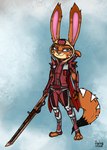 anthro black_body black_fur blue_eyes brown_body brown_fur female fur melee_weapon orange_body orange_fur stripes sword tan_body tan_fur weapon white_body white_fur ziegelzeig rohan_(jojophoenix) canid canine fox hybrid lagomorph leporid mammal rabbit