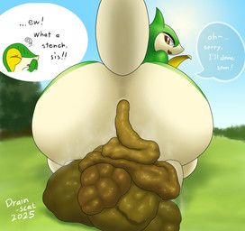 anthro anus big_butt butt butt_focus dialogue duo feces feces_in_ass feces_on_ground feces_pile female female/female forest green_body huge_butt looking_at_another looking_at_partner looking_back looking_back_at_another looking_back_at_partner multicolored_body outside plant pooping pooping_on_floor rear_view sky speech_bubble tail tan_body text tree two_tone_body wide_hips drain_scat nintendo pokemon generation_5_pokemon pokemon_(species) reptile scalie servine snivy 2025 english_text hi_res sibling_(lore) sister_(lore) sisters_(lore)