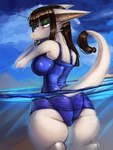 anthro big_butt blue_one-piece_swimsuit breasts brown_hair butt butt_pose cheek_tuft clothing day eyeshadow facial_tuft female fingerpads fur green_eyeshadow grey_body grey_fur hair looking_at_viewer looking_back looking_back_at_viewer makeup one-piece_swimsuit outside partially_submerged pawpads pose raised_tail rear_view refraction solo swimwear tail tail_tuft thick_thighs tuft water wet wet_body wet_fur general-irrelevant out-of-placers vizlet mammal yinglet 2022 3:4 digital_media_(artwork) hi_res