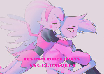 bodily_fluids clothed clothing crying eyes_closed feathered_wings feathers female happy_birthday hug solo tears text wings enaic31 hazbin_hotel hellaverse angel_dust molly_(hazbin_hotel) angel arachnid arthropod demon humanoid spider english_text hi_res