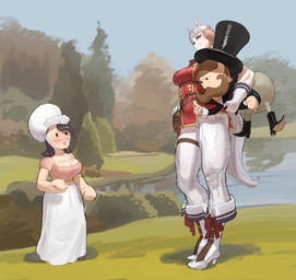 big_breasts black_hair breasts brown_hair carrying_another cleavage clothed clothed_female clothed_human clothed_humanoid clothed_male clothing facial_hair female group hair larger_female larger_humanoid male mustache outside purple_eyes red_clothing red_shirt red_topwear shirt size_difference smaller_human smaller_male smile smug standing tail topwear trio underarm_carry white_hair white_tail wassnonnam amazing_horse cygames uma_musume_pretty_derby weebl's_stuff gold_ship_(pretty_derby) animal_humanoid equid equid_humanoid equine equine_humanoid horse_humanoid human humanoid mammal mammal_humanoid 2025 absurd_res hi_res