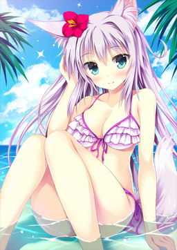 accessory bikini bikini_bottom bikini_top blush breasts clothed clothing cloud day female flower flower_in_hair hair hair_accessory long_hair looking_at_viewer outside plant smile solo swimwear two-piece_swimsuit water white_hair tateha animal_humanoid canid canid_humanoid humanoid mammal mammal_humanoid 2015 digital_media_(artwork) shaded