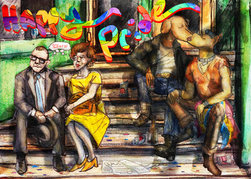 alcohol anthro beer beverage beverage_can boots clothing collar duo female footwear jacket kiss_on_lips kissing leather leather_clothing leather_jacket leather_topwear lgbt lgbt_pride making_out male male/male pansexual_pride_colors piercing pride_colors public rainbow shoes topwear greengod lgbt_pride_month canid canine canis domestic_dog human humanoid mammal hi_res